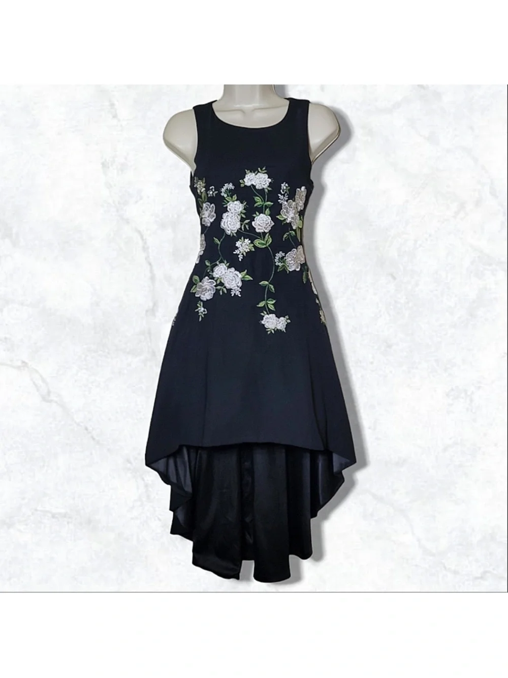 GB girls Black High-Low Dress with White & Green Floral Embroidery